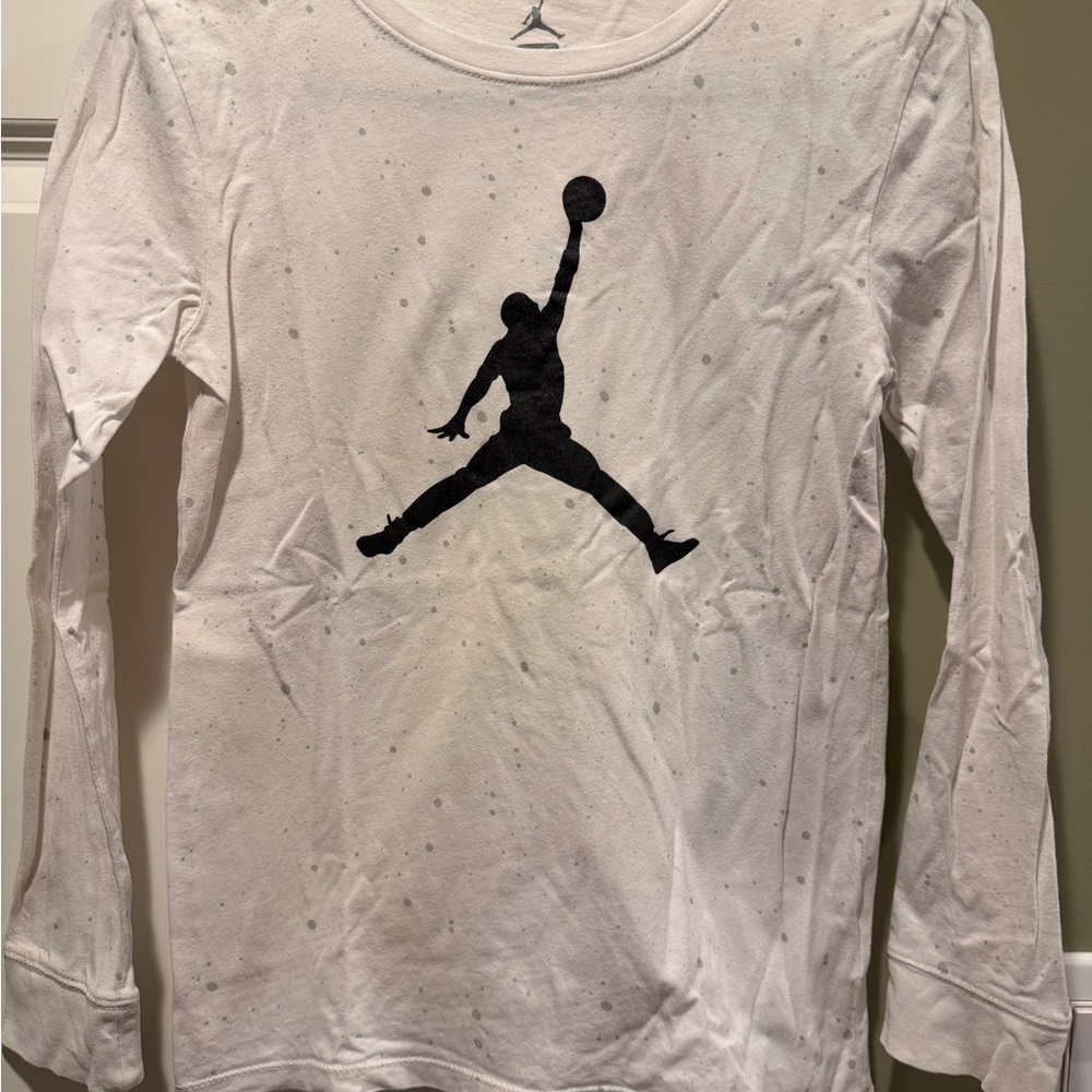 Jordan Kids White and Gray Long Sleeve Tee with Black Logo